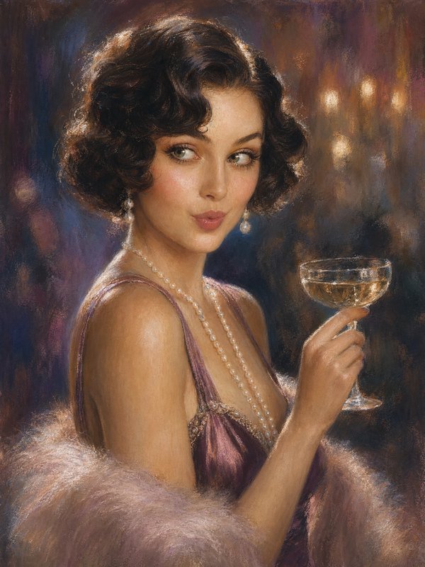 Elegant 1920s flapper holding a crystal champagne coupe, glancing coyly over her shoulder at an e...