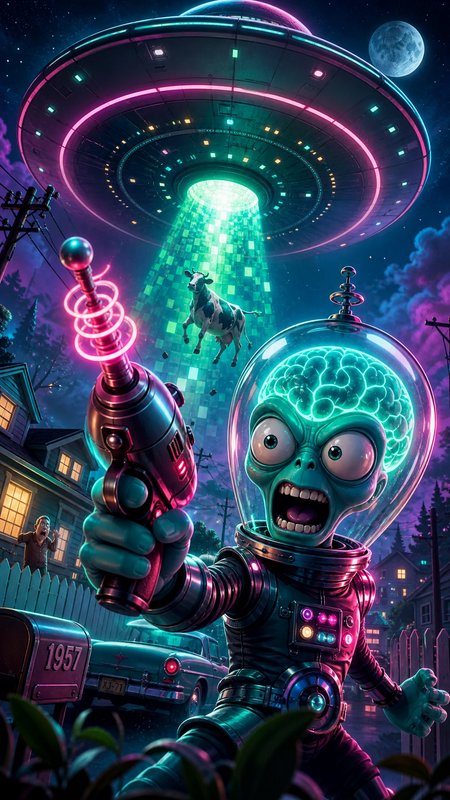 Wide-eyed cartoon alien holds a ray gun as a neon flying saucer abducts a cow over a 1950s suburb...