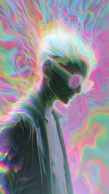 Psychedelic glitch portrait of a bespectacled figure with swirling iridescent hair against a past...