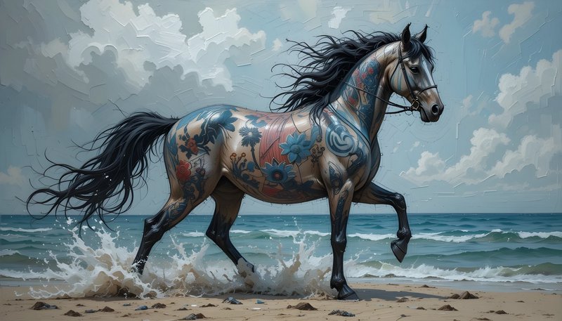 Ornate floral-tattooed horse trotting through shallow surf on a sandy ocean beach