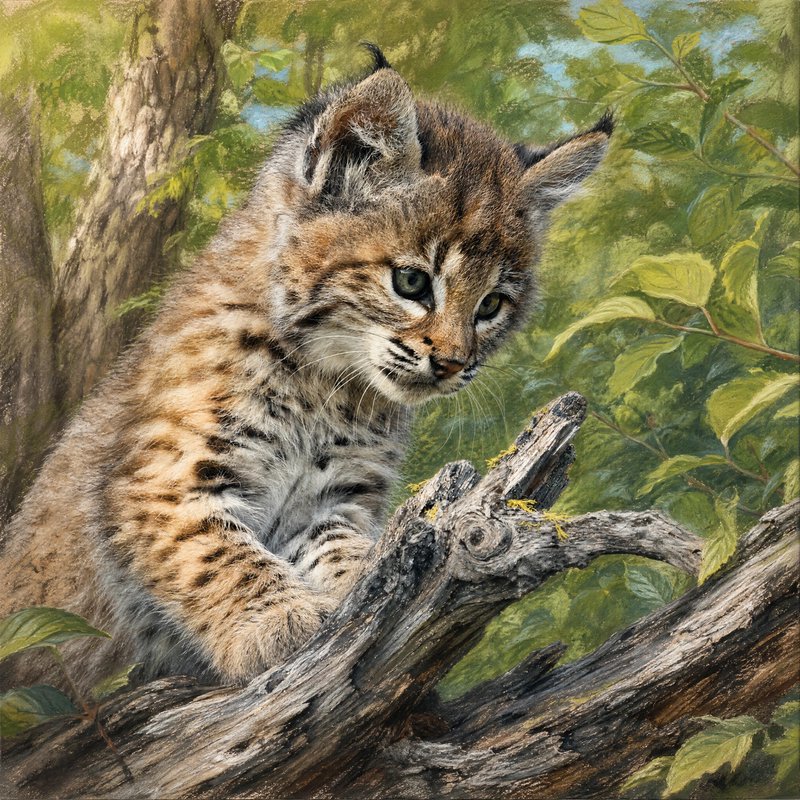 Bobcat kitten perched on a weathered dead branch in a sunlit green summer forest
