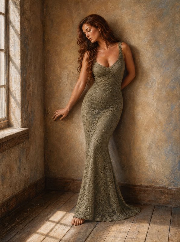 Woman in a sage lace mermaid gown leans against a textured plaster wall beside a sunlit window