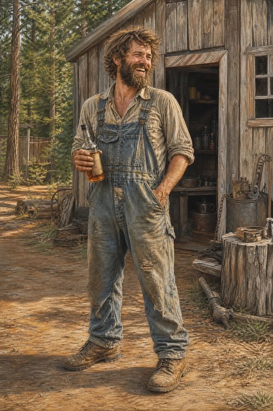 Laughing bearded homesteader in worn overalls holds a whiskey bottle outside a rustic wooden cabin