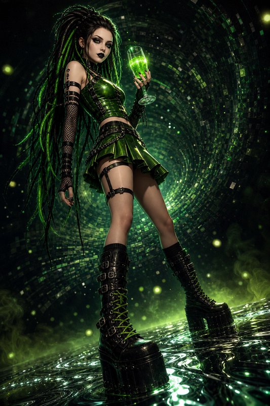 Cyber goth woman with green streaked dreadlocks holds a glowing green cocktail in a neon lit tunnel