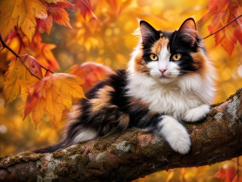 Fluffy long-haired calico cat resting on a mossy tree branch surrounded by vibrant autumn maple leaves