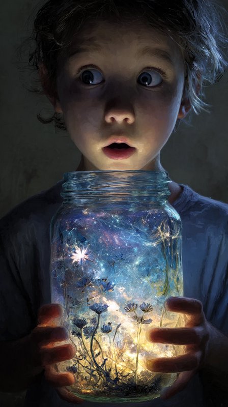 Wide-eyed amazed child holding a glowing glass jar full of magical cosmic flora and stardust