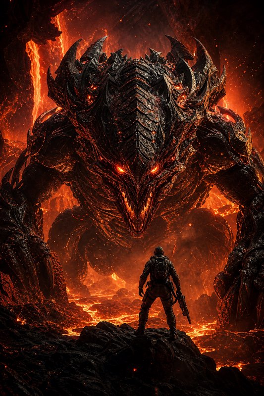 Armed futuristic soldier faces a giant glowing obsidian lava dragon inside a fiery volcanic cavern
