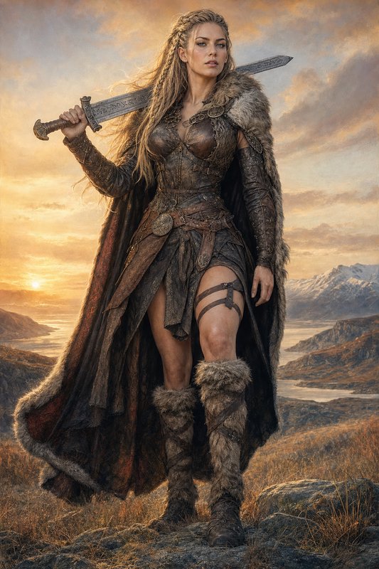 Blonde viking shieldmaiden holds an engraved longsword overlooking fjord mountains at golden sunset