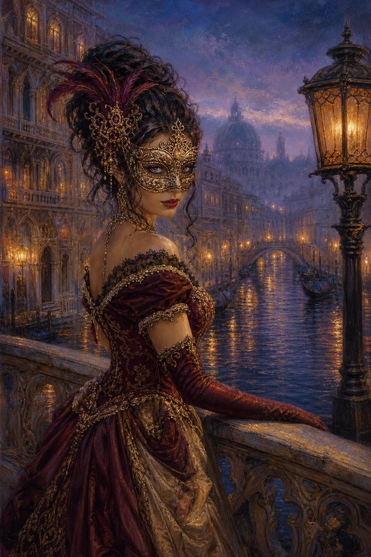 Woman in ornate gold masquerade mask stands on a Venice canal bridge at purple twilight