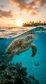 Green sea turtle swims in turquoise reef water, with a split view of tropical island sunset above the waves