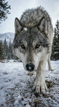 Close up of a gray wolf stepping toward the camera across snowy winter forest ground