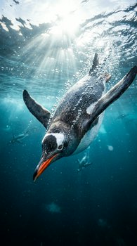 Gentoo penguin glides quickly through turquoise ocean water as sunbeams filter down from the surface