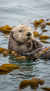 Fluffy wild sea otter floats among golden bull kelp in calm coastal ocean water facing the camera