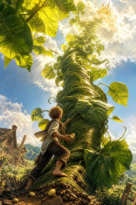 Jack prepares to climb a giant magical beanstalk leading to a golden sky castle