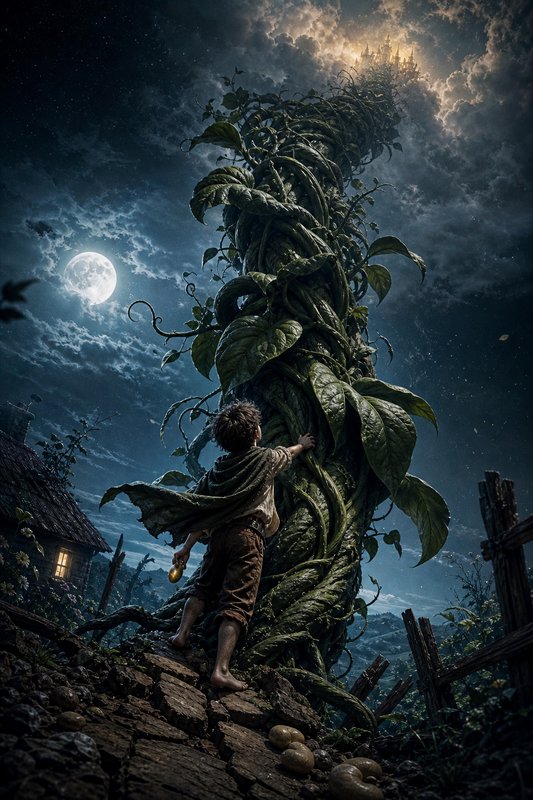 Boy from Jack and the Beanstalk prepares to climb a giant beanstalk stretching to a cloud-top castle under a full moon