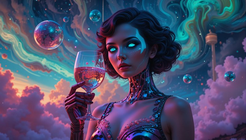 Cyberpunk android woman holding a wine glass beneath a swirling neon cosmic sky