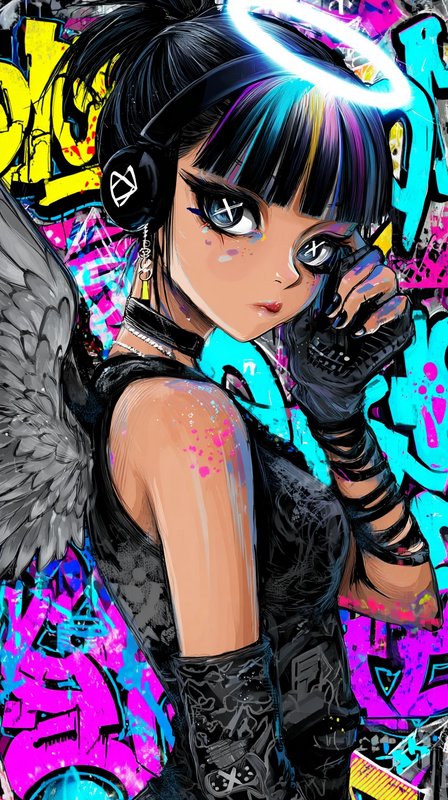 Edgy cyberpunk anime angel girl with headphones and glowing halo poses against a bright graffiti wall