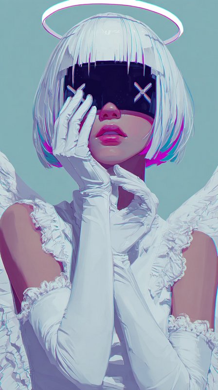 Cyberpunk angel character with glitch VR visor, white bob cut, glowing halo, gloved hands resting on her face