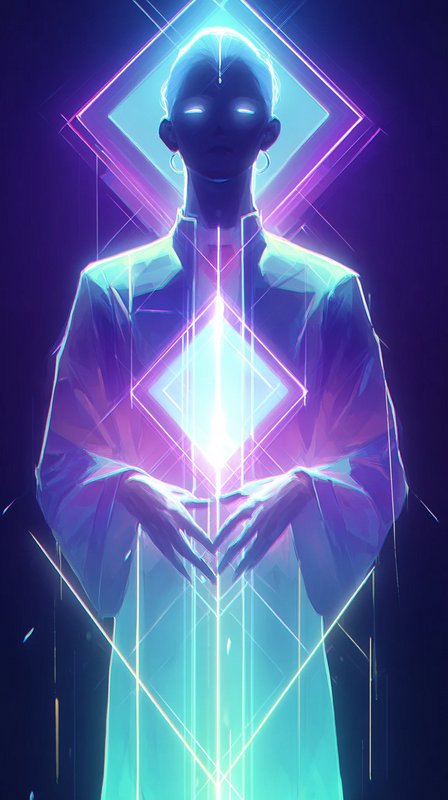 Ethereal glowing mystic figure with luminous eyes holds floating neon geometric energy between their hands