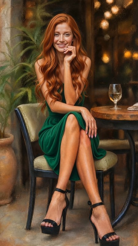 Smiling woman with long wavy red hair in a green dress sits at a cozy bistro patio table with a wine glass