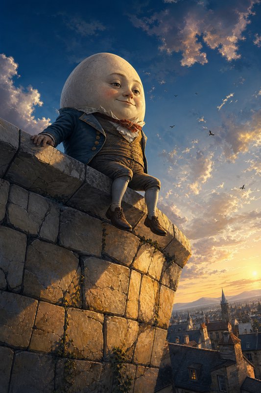Humpty Dumpty sits perched on a tall stone wall overlooking a historic city at golden sunset