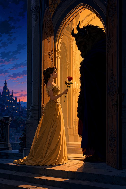 Belle holding a red rose faces the Beast at an ornate castle doorway during twilight