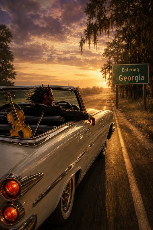 Horned devil drives a vintage convertible past an Entering Georgia road sign at golden sunset