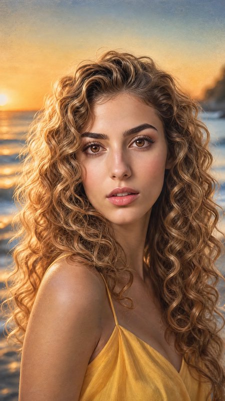 Young woman with long curly golden hair poses on a beach at warm golden sunset