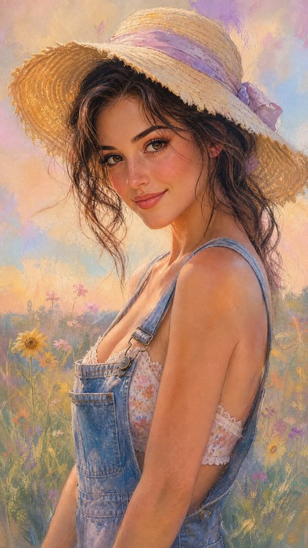 Young woman in a straw sun hat looks warmly at the viewer while standing in a sunlit wildflower meadow