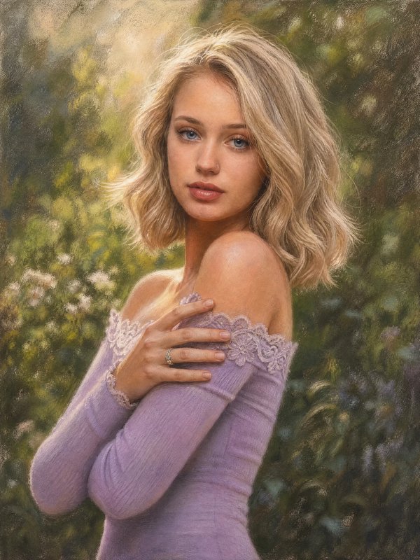 Painterly portrait of a blonde young woman in a lavender top against sunlit green garden foliage
