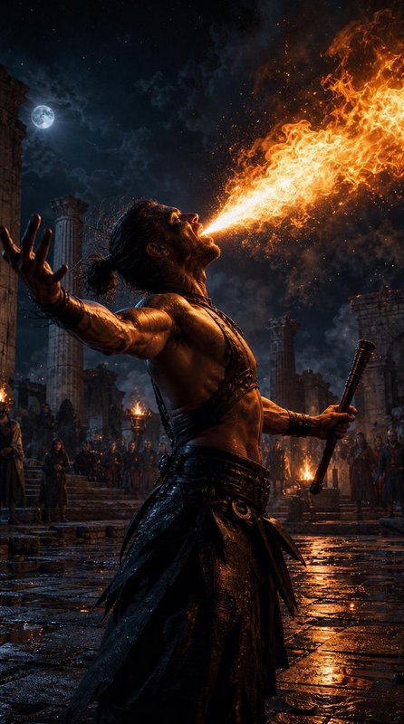 Muscular fire breather spouts bright flame while performing at night in ancient stone ruins under a full moon