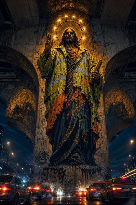 Towering Jesus statue in a work safety vest with glowing halo stands above night traffic under a ...