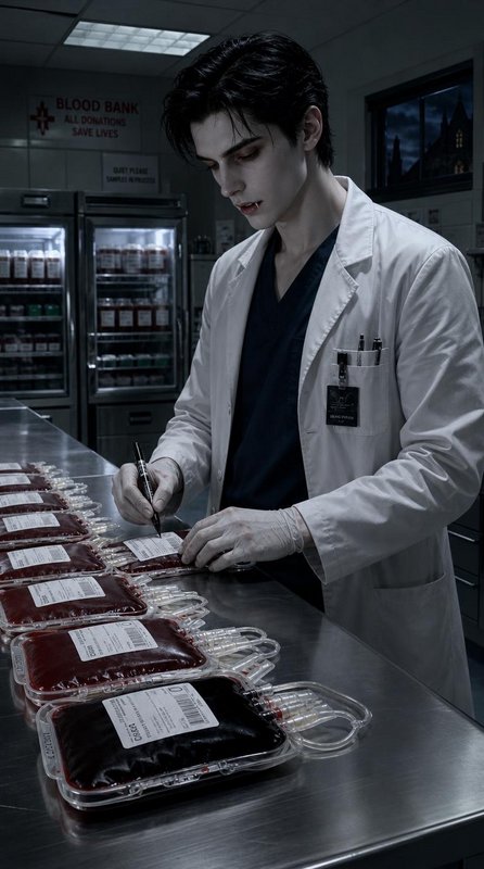 Pale fanged vampire lab technician labeling blood bags in a dim hospital blood bank