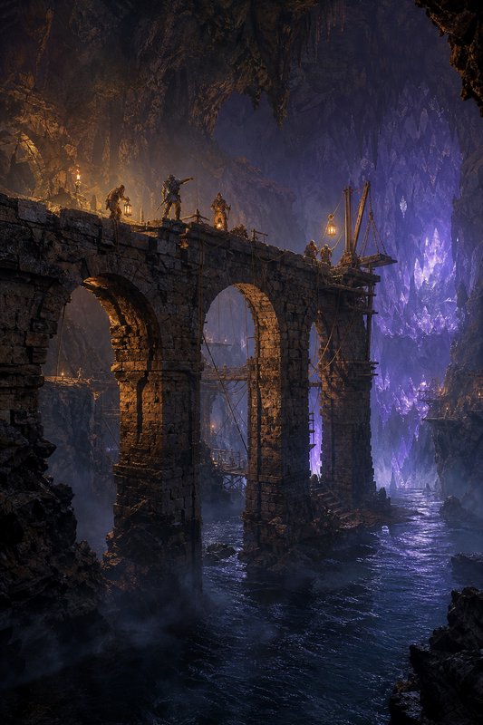 Armored explorers stand on an ancient stone arch bridge overlooking a glowing underground crystal cavern