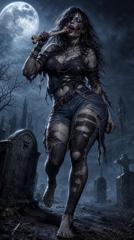 Decaying female zombie gnawing a bone in a misty graveyard under a bright full moon