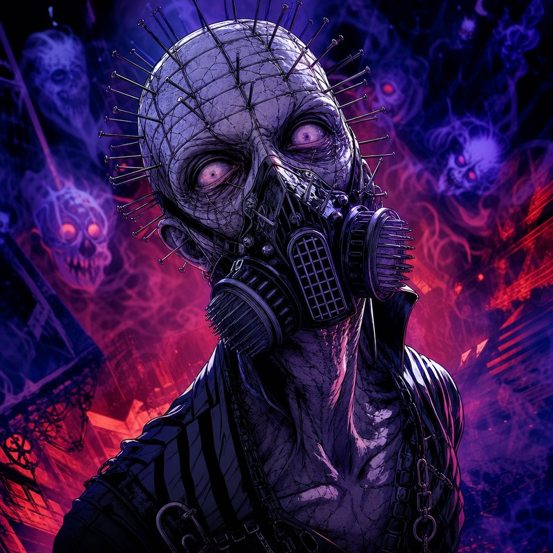 Pinhead-style Cenobite horror character with nail-studded head stands against a swirling demonic neon backdrop