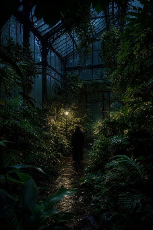Silhouetted figure walks down a wet stone path through an overgrown misty Victorian greenhouse at dusk