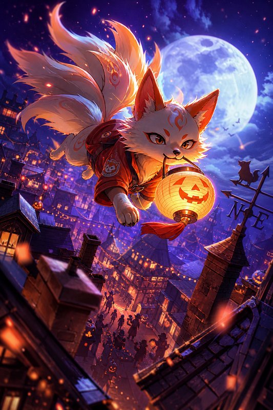 Fluffy nine-tailed kitsune flies over a glowing Halloween village holding a jack-o-lantern lantern under a full moon