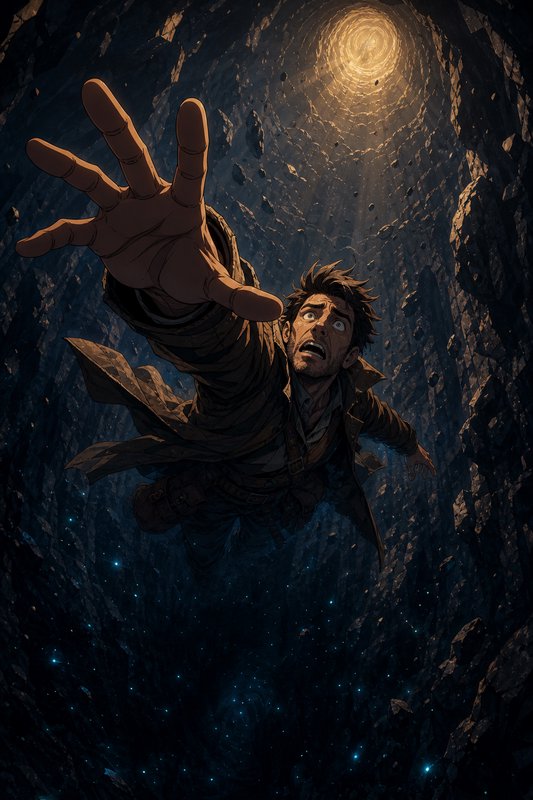 Terrified man reaches upward while plummeting down a deep rocky cave shaft toward distant golden surface light