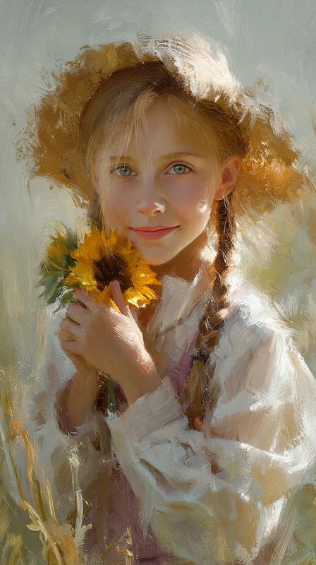 Impressionist oil portrait of a braided young girl holding sunflowers in warm golden sunlight