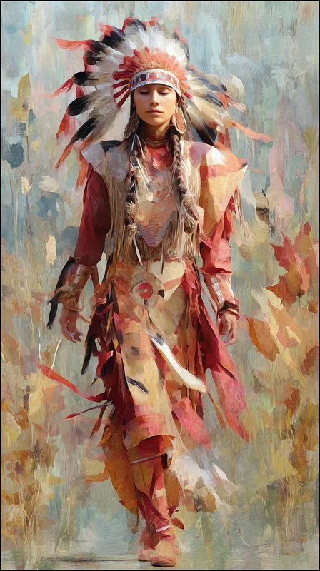 Native American woman in a traditional feather headdress walks through soft autumnal fall foliage