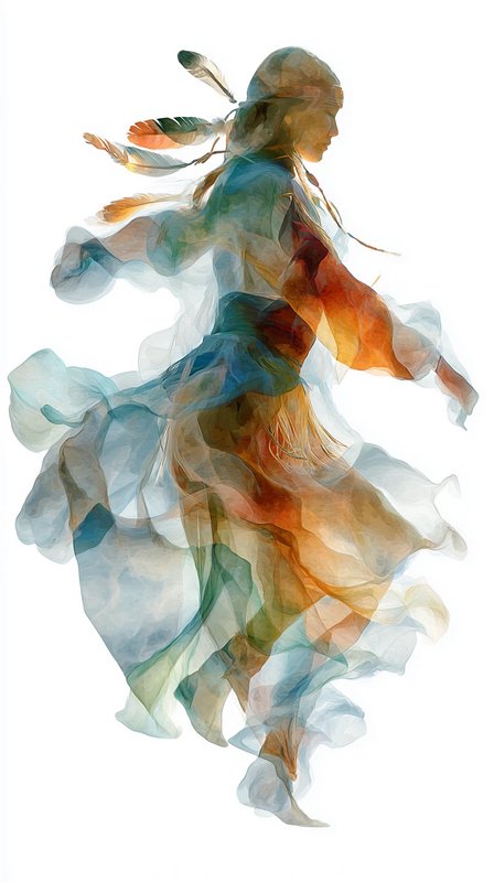 Ethereal translucent watercolor of a feather-adorned indigenous dancer spinning against a plain white background