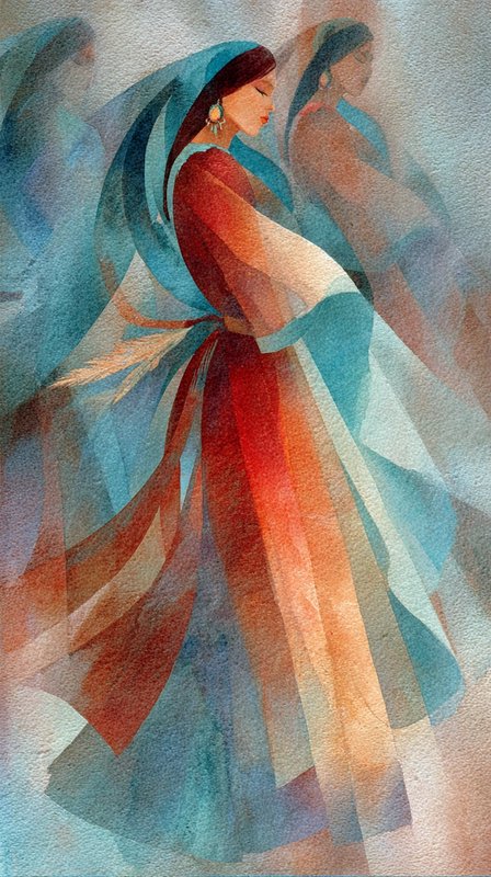 Stylized watercolor of a graceful dancing woman in a flowing red dress and turquoise veil, with soft overlapping motion