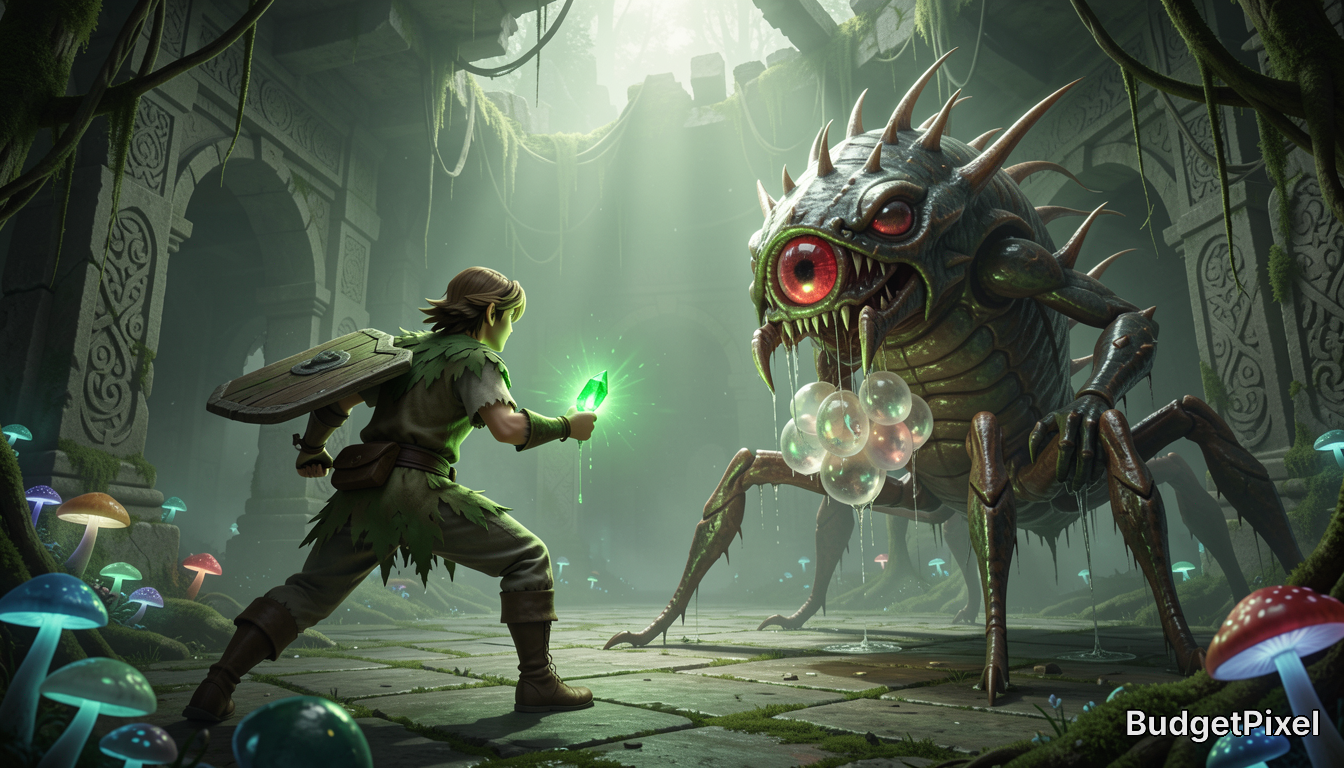 Elven adventurer wielding a glowing green gem confronts a giant multi-eyed spiked spider boss in overgrown ancient temple ...