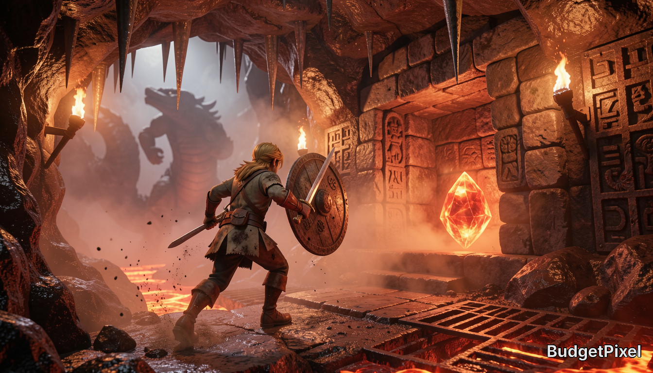 [Blonde fantasy hero with sword and shield faces a giant dragon in a fiery rune-carved dungeon with a glowing red magic cr...