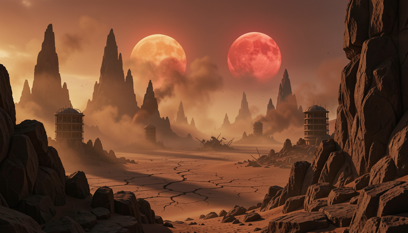Alien desert landscape with twin glowing suns, jagged rock spires and abandoned outpost structures