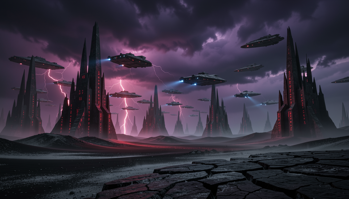 Alien starship fleet hovers over jagged dark fortress spires under a stormy purple lightning-filled sky