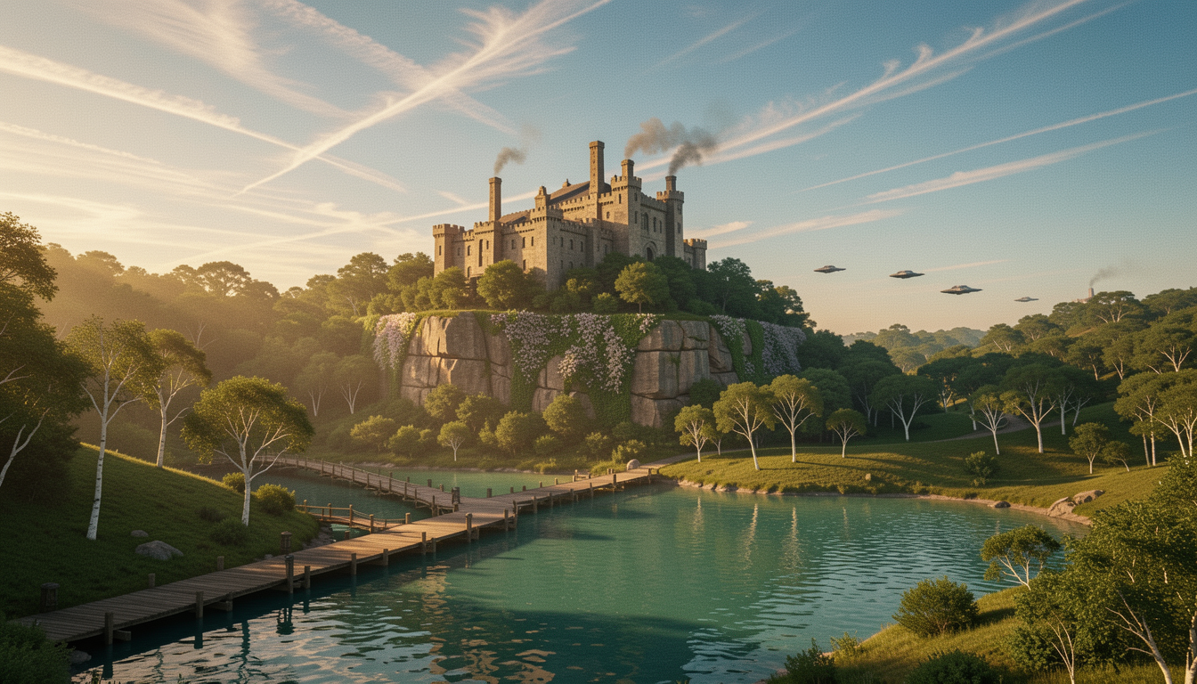 Medieval cliffside castle overlooks a turquoise lake as flying saucers hover in a golden sunrise sky