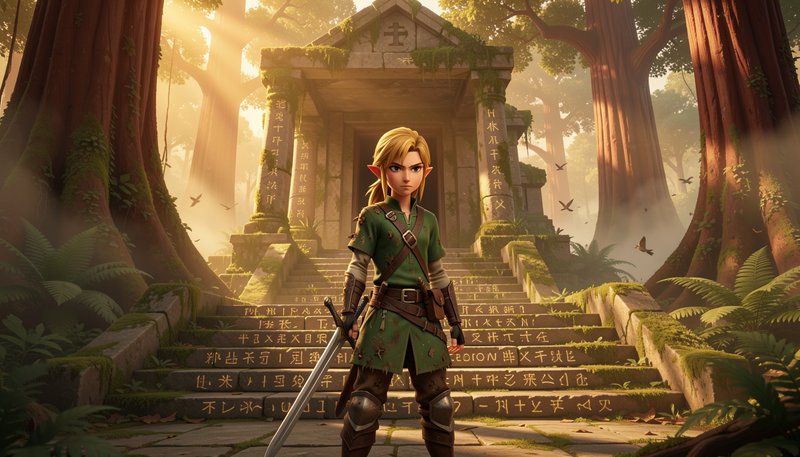 Blond elf hero Link holds a sword, standing before a mossy rune-carved ancient stone temple in a ...
