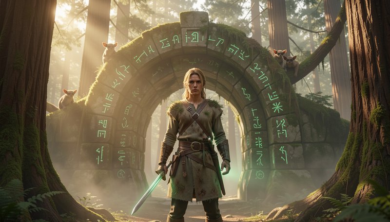 Elven fantasy warrior holding a glowing sword stands before a rune-covered stone portal in a mist...